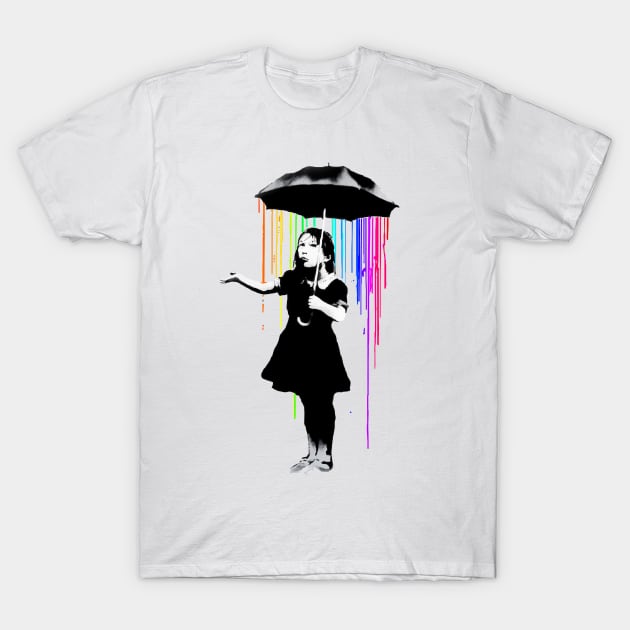 Banksy Rainbow Rain Umbrella Girl T-Shirt by inkstyl